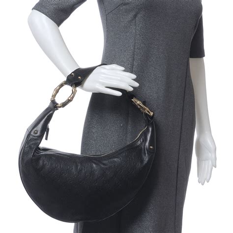 Gucci Guccissima Half Moon Bamboo Ring Hobo Black