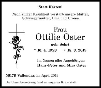 Traueranzeigen Von Ottilie Oster Rz Trauer De