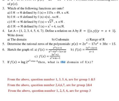 3 Which Of The Following Functions Are Onto A Fr R Defined By F X 115x 49 X R B Fr R