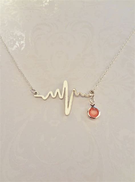 Electrocardiogram Ekg Rhythm Heart Beat Necklace With Birthstone Charm