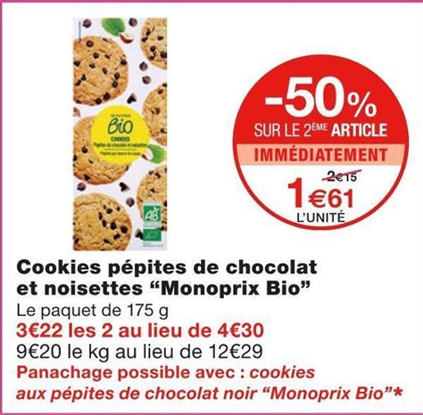 Promo Monoprix Bio Cookies P Pites De Chocolat Et Noisettes Chez Monoprix