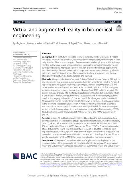 PDF Virtual And Augmented Reality In Biomedical Engineering