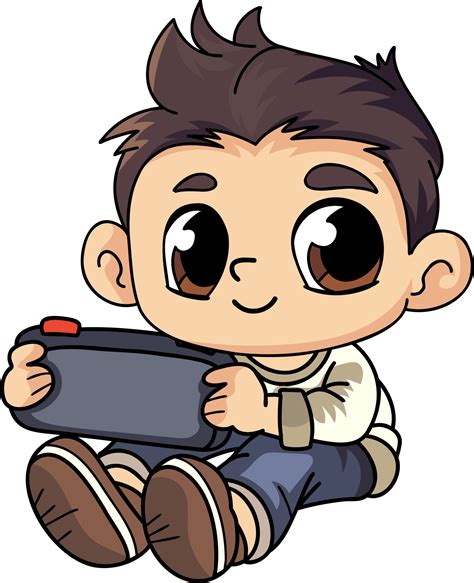 Happy boy with portable game character illustration in doodle style