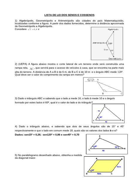 Lei Dos Senos E Cossenos Exercícios Com Gabarito - Lei dos Senos e Cossenos: Exercícios Resolvidos | PDF | Triângulo ...