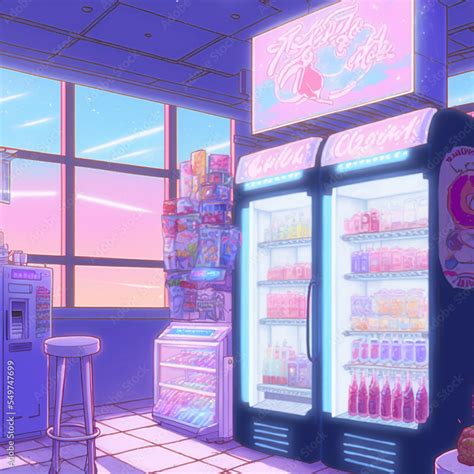 Ilustrace Anime Screenshot Of Cyberpunk Vending Machine Shop Interior