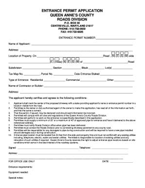 Fillable Online Qac Entrance Permit Application Queen Anne S County