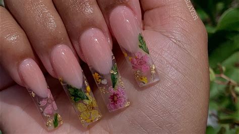 Long Deep French Floral Encapsulated Acrylic Nail Youtube