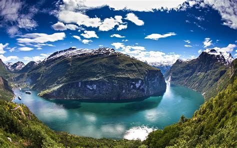 Norway River Landscape Clouds Ships Boats Reflection Mountains