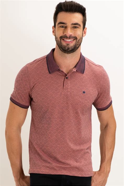 Polo Masculina De Malha Jacquard Maquineta Coral