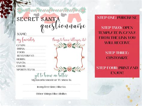 Secret Santa Questionnaire Template Holiday Party Secret Santa