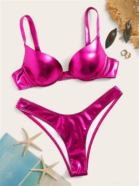 Metallic Underwired Top With High Leg Bikini Set High Leg Bikini