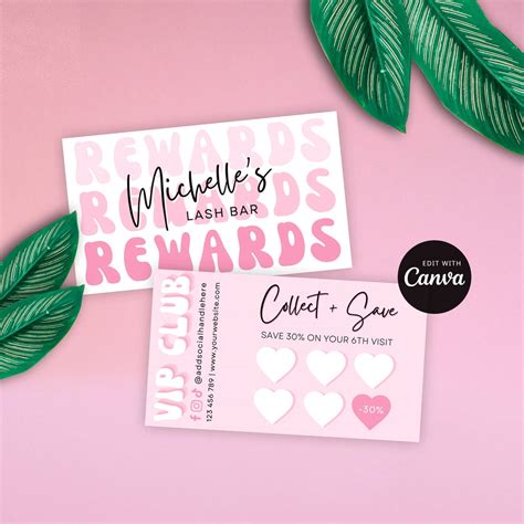 Retro Pink Loyalty Card Template Editable Reward Cards Feminine Pink