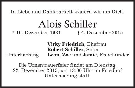 Traueranzeigen Von Alois Schiller Trauer Merkur De