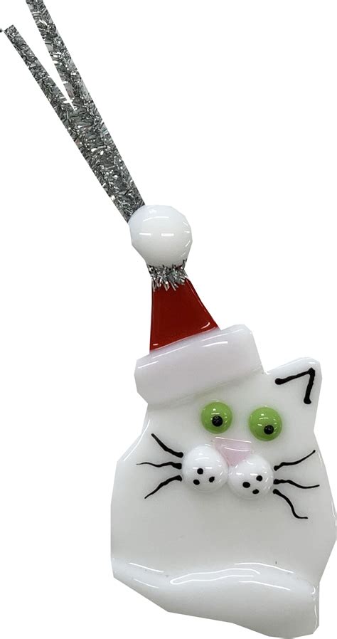 Fat Cat Ornament White Charlene Heilman Fused Glass Art