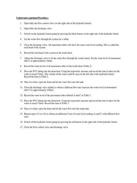 Venturi Meter Experiment Procedures | Valve | Pressure Measurement