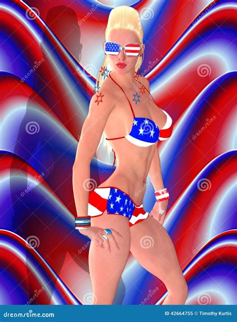 4Th Of July Sexy Blonde American Girl In Stars And Stripes Bikini