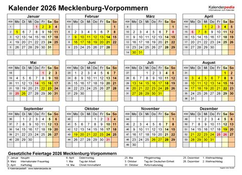 Kalender 2026 Mecklenburg Vorpommern Ferien Feiertage PDF Vorlagen