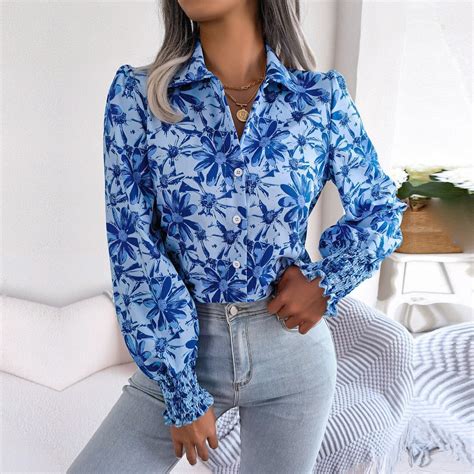 Aminah Blue Floral Bishop Sleeve Blouse Model Mannequin