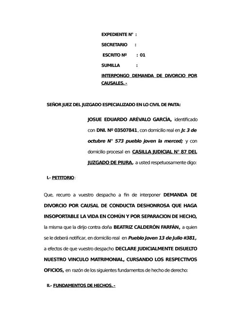 Demanda Por Causal De Divorcio Expediente N° Secretario Escrito