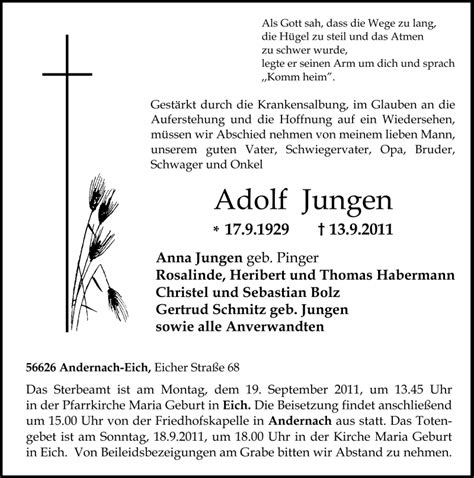 Traueranzeigen Von Adolf Jungen Rz Trauer De