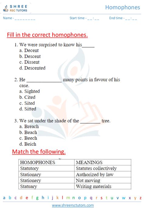 Homophones Worksheets For Grade 3 English Shree Rsc Tutors