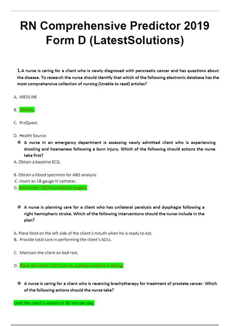 Ati Exit Exam RN Comprehensive Predictor 2019 Form D Update