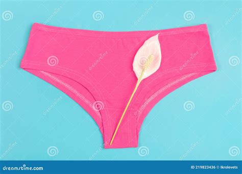 Pink Underpants And Flower On Blue Background Close Up Concept Keep Your Vagina Healthy And