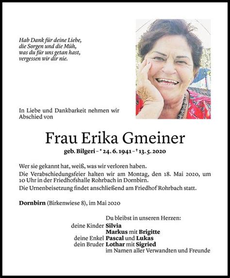 Todesanzeigen Von Erika Gmeiner Todesanzeigen Vorarlberger Nachrichten