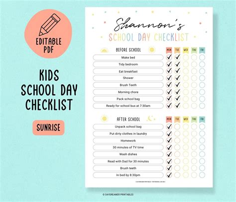 Kids Ready for School Daily Checklist Printable, School Day Routine for ...