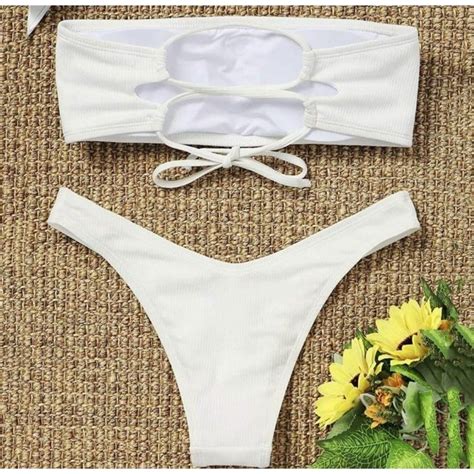 White Strapless Tube Ribbed Lace Up Two Piece Bandeau Bikini Set Small On Tag Can Fit Xs To S