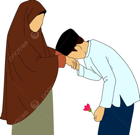 Gambar Ilustrasi Berjabat Tangan Dengan Ibu Hari Ibu Siswa Muslim Png Dan Vektor Dengan