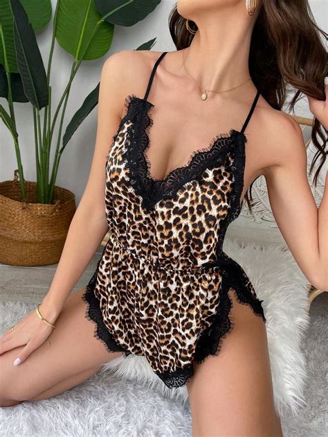 Leopard Print Lace Trim Backless Cami Romper Shein Usa