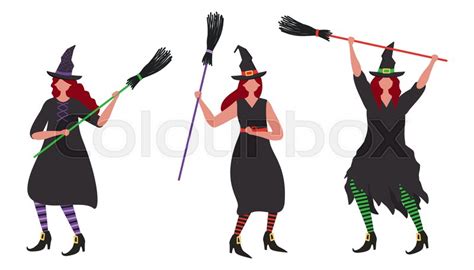 Witches Dance With Brooms Halloween Stock Vector Colourbox