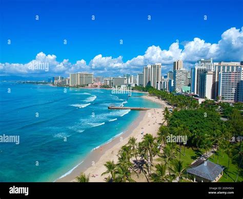 Panorama Aerial drone view of Waikiki Beach Honolulu Hawaii USA hotels ...