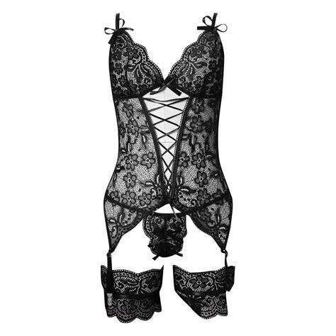 Rinsvye Women Lace Lingerie Set With Garter Belts Lace Bodysuit Teddy