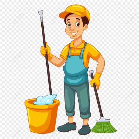 ang janitorial clipart cartoon na lalaki ay naglilinis gamit ang walis