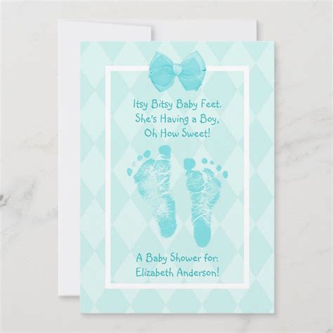 Cute Baby Boy Footprints Baby Shower Blue Ribbon Invitation | Zazzle