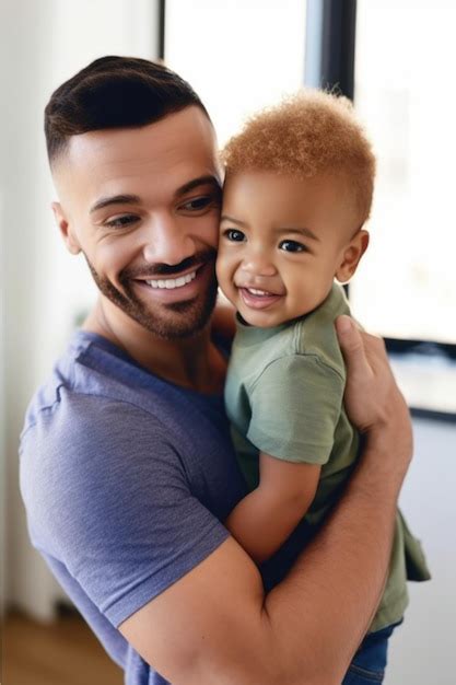 Premium Ai Image Shot Of A Gay Man Holding His Adopted Son At Home Created With Generative Ai