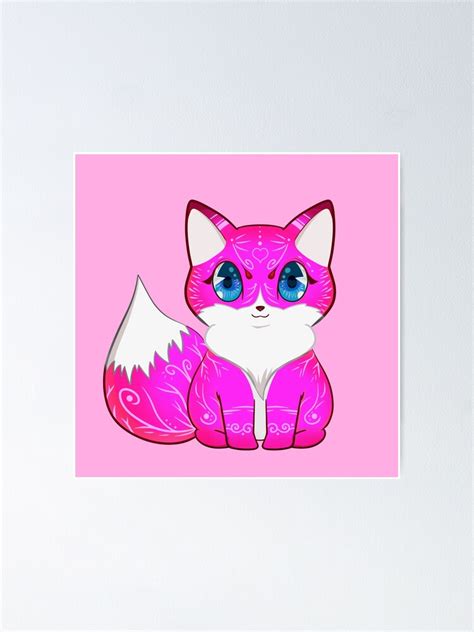 Kawaii Pink Fox With Blue Eyes And White Markings Poster For Sale By