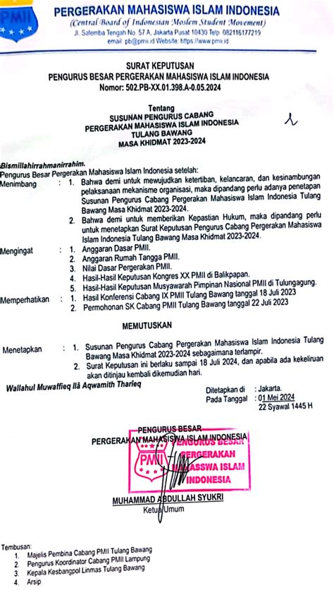 PB PMII Tetapkan Fatah Khudlori Dan Septi Riana Putri Sebagai Ketua PC