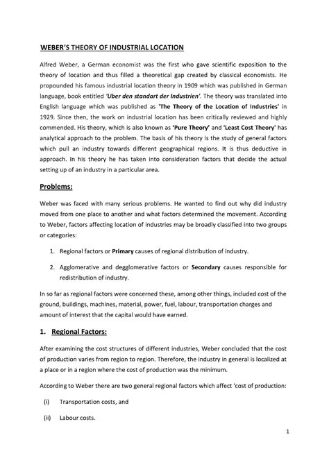 Alfred weber - lecture notes - WEBER’S THEORY OF INDUSTRIAL LOCATION