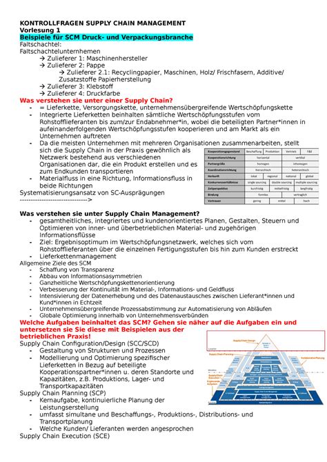 Zusammenfassung KONTROLLFRAGEN SUPPLY CHAIN MANAGEMENT Vorlesung 1