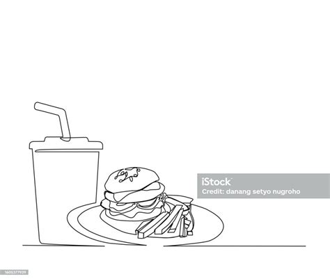 Continuous Line Drawing Of Hamburger And Frenchfries On A Plate Vector Illustration Hamburger ...