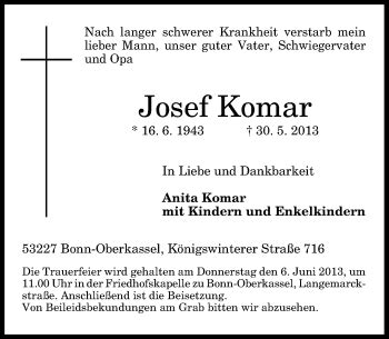 Traueranzeigen Von Josef Komar GA Trauer De