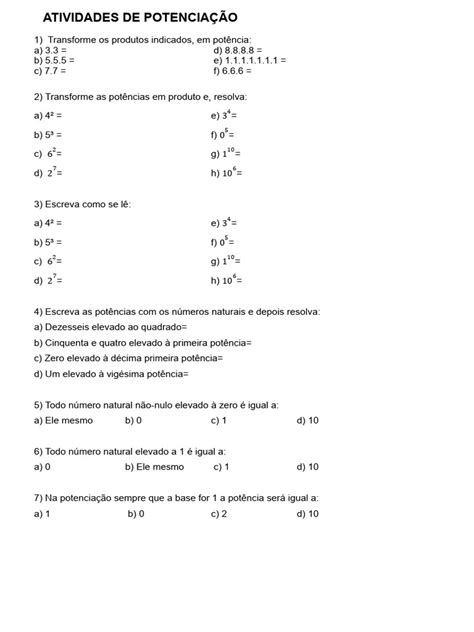 Atividade Adaptada Potenciação 6 Ano