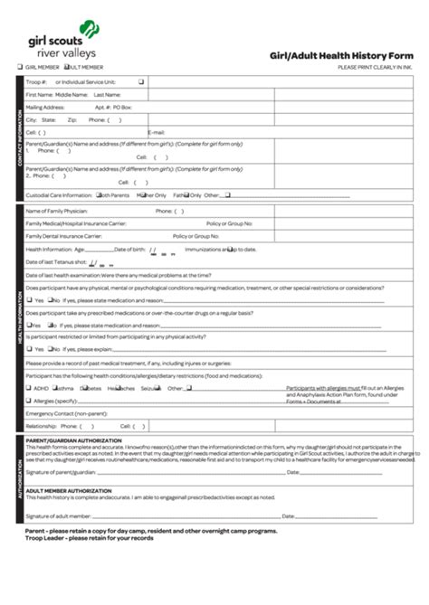 Girladult Health History Form Printable Pdf Download