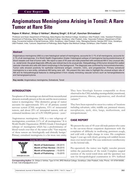 Pdf Angiomatous Meningioma Arising In Tonsil A Rare Tumor At