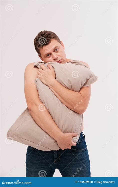 Portrait of Sleepy Man Hugging Pillow Stock Photo - Image of caucasian ...