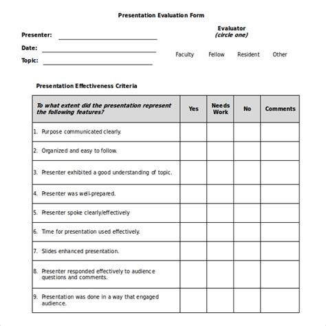 Presentation Evaluation Form Templates At Best Template S