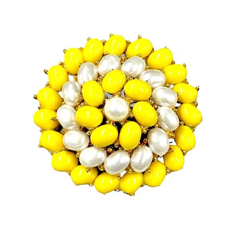 Crown Trifari Gold Tone Faux Pearl Summer Yellow Cabo Gem